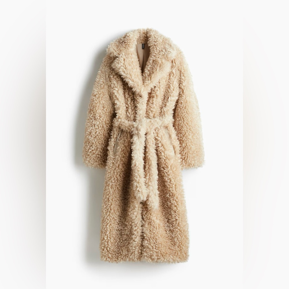 H&M TIE-BELT TEDDY FLEECE COAT